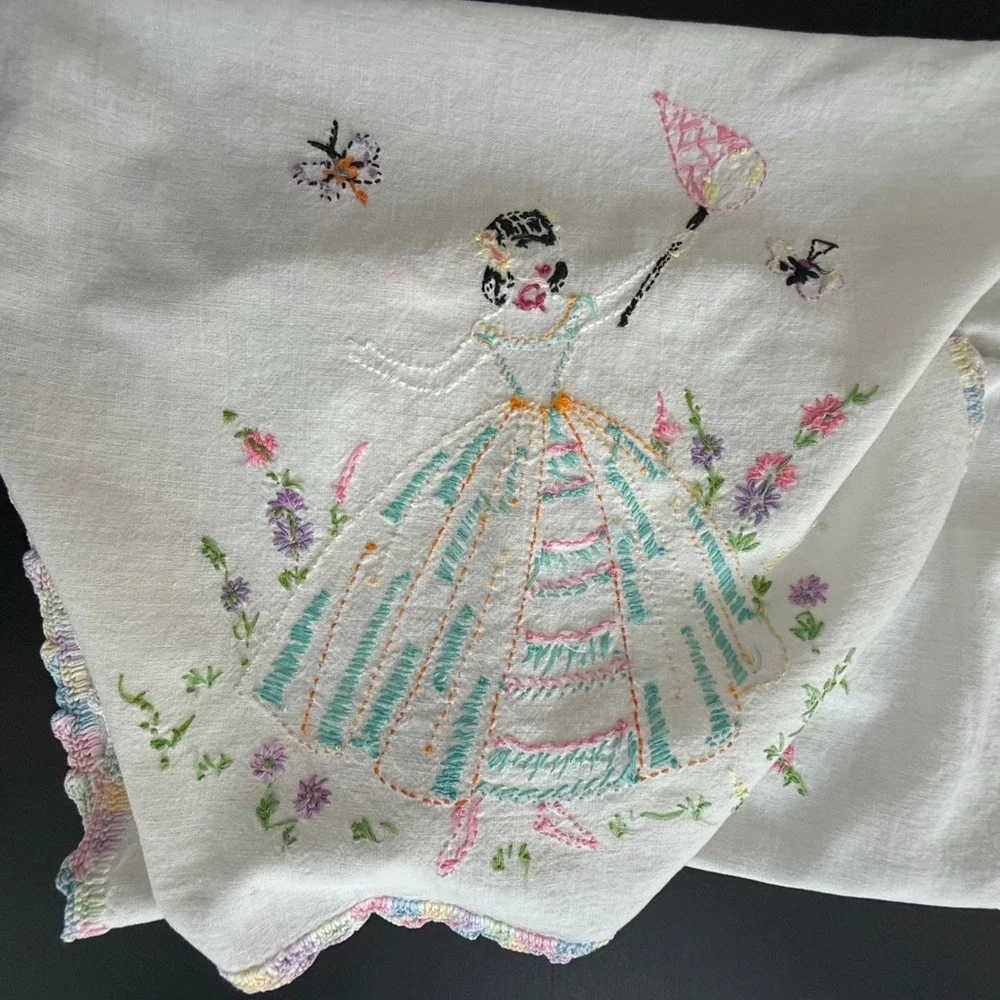 Vintage Hand Embroidered Linen Table Runner Girl Butterfly Pastel Crochet Edge